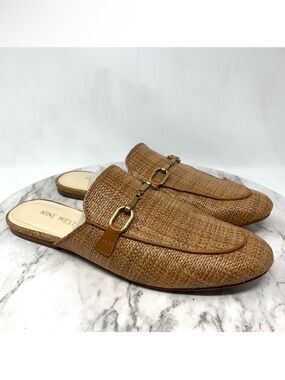 Nine West Bhalya Round Toe Horse-Bit Woven Brown Mules 8 Academia Classic Preppy